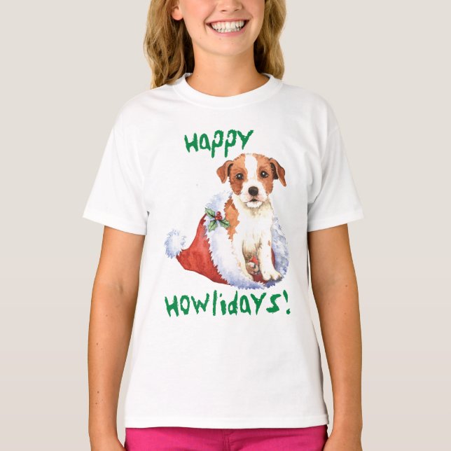 Lycklig Howlidays Parson Russell Terrier T-Shirt (Framsida)