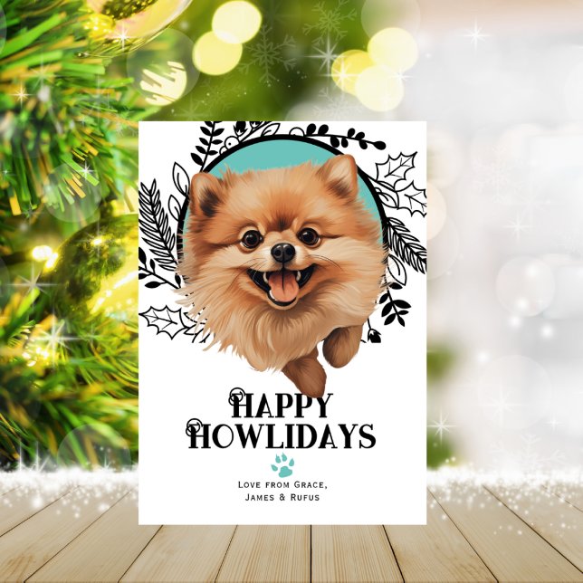 Lycklig Howlidays Pommern Hund jul Julkort (Happy Howlidays Pomeranian Dog Christmas Holiday Card by Ricaso. Cute dog breed holiday cards)