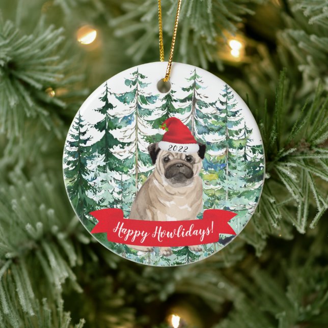 Lycklig Howlidays Pug Hund jul Ornament (Träd)