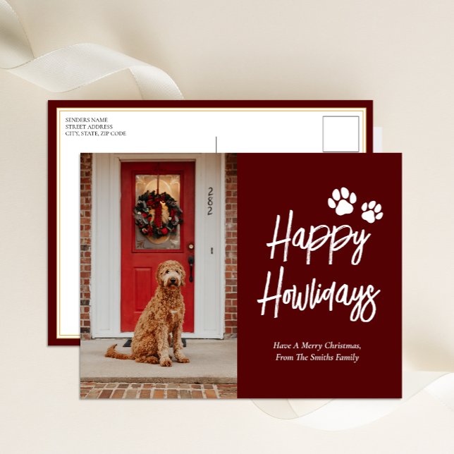 Lycklig Howlidays Red Calligraphy Pet Photo Helg Vykort (Skapare uppladdad)
