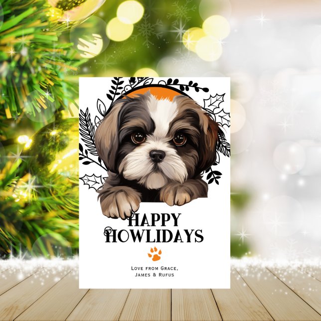 Lycklig Howlidays Shih Tzu Hund jul Julkort (Happy Howlidays Shih Tzu Dog Christmas Holiday Card by Ricaso. Cute dog breed holiday cards)