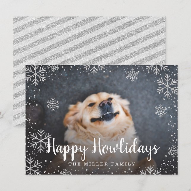 Lycklig Howlidays Silver Snöflingor Pet Photo Inbjudningar (Fram/baksida)