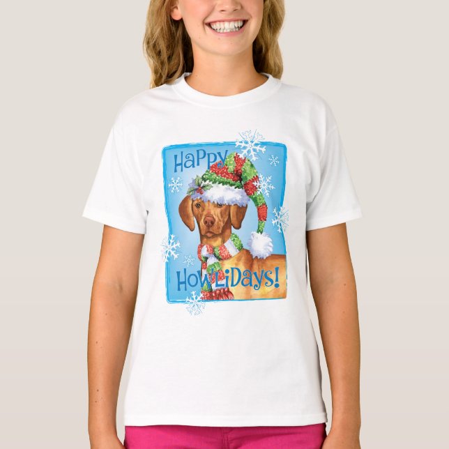 Lycklig Howlidays Vizsla T-Shirt (Framsida)