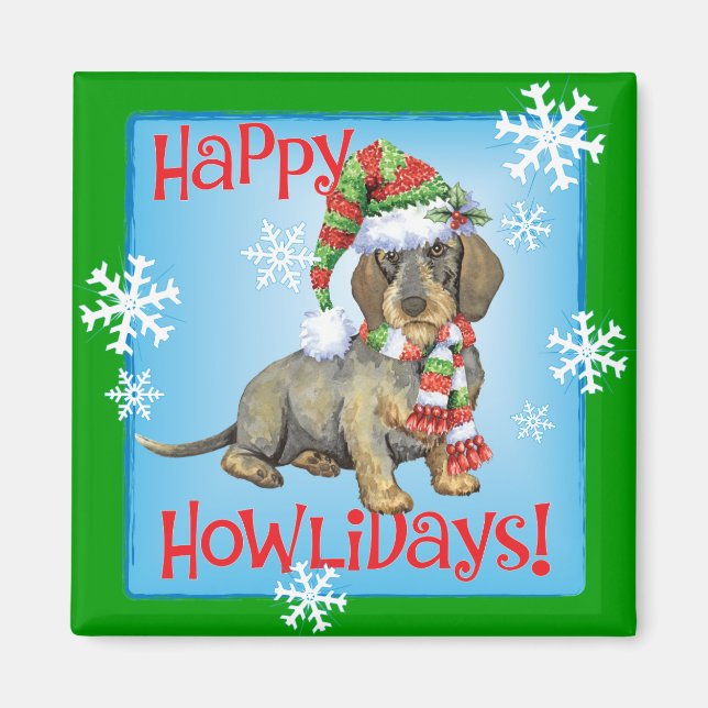 Lycklig Howlidays Wirehjärn Dachshund Magnet (Framsidan)