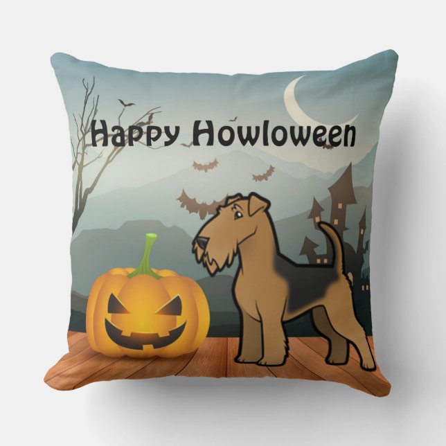 Lycklig Howloween Airedale Terrier Kudde (Framsida)