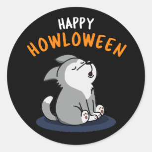 Lycklig Howloween Rolig hund Pun Mörk BG Runt Klistermärke