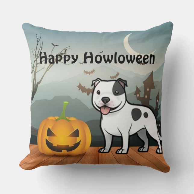 Lycklig Howloween Stafford Bull Terrier Kudde (Framsida)