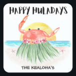 Lycklig Huladays Crab Tropical Beach-jul Fyrkantigt Klistermärke<br><div class="desc">Aloha! Lägg till en tropisk beröring till din julkorrespondens med dessa "Lycklig Huladays"-klistermärken med en söt krabba som dansar i sol på stranden. Perfekt för att lägga till en ö-vib till dina helgdagskort,  partiinbjudningar eller presentomslag. Art av KL Lagrar</div>