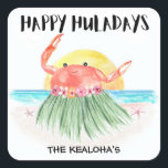 Lycklig Huladays Crab Tropical Beach-jul Fyrkantigt Klistermärke<br><div class="desc">Aloha! Lägg till en tropisk beröring till din julkorrespondens med dessa "Lycklig Huladays"-klistermärken med en söt krabba som dansar i sol på stranden. Perfekt för att lägga till en ö-vib till dina helgdagskort,  partiinbjudningar eller presentomslag. Art av KL Lagrar</div>