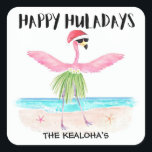 Lycklig Huladays Flamingo Tropical Beach-jul Fyrkantigt Klistermärke<br><div class="desc">Lägg till en tropisk beröring till din julkorrespondens med de här "Lycklig Huladays"-klistermärkena med en flamingo i en julhula som dansar på stranden. Perfekt för att lägga till en ö-vib till dina helgdagskort,  partiinbjudningar eller presentomslag. Art av KL Lagrar</div>