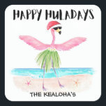 Lycklig Huladays Flamingo Tropical Beach-jul Fyrkantigt Klistermärke<br><div class="desc">Lägg till en tropisk beröring till din julkorrespondens med de här "Lycklig Huladays"-klistermärkena med en flamingo i en julhula som dansar på stranden. Perfekt för att lägga till en ö-vib till dina helgdagskort,  partiinbjudningar eller presentomslag. Art av KL Lagrar</div>