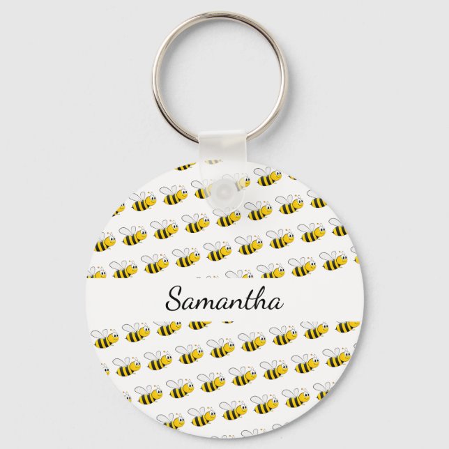 Lycklig humla, vit monogram namn nyckelring (Framsida)