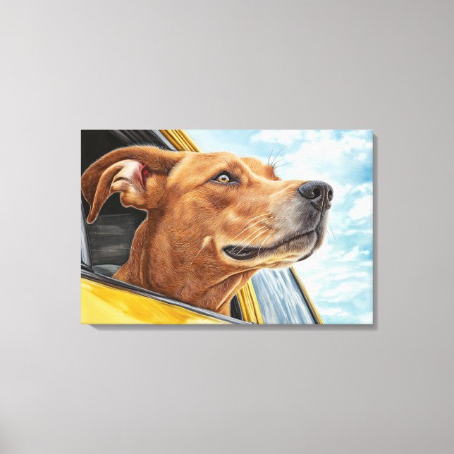 Lycklig Hund i Gult Car Art-utskrift Canvastryck (Framsida)