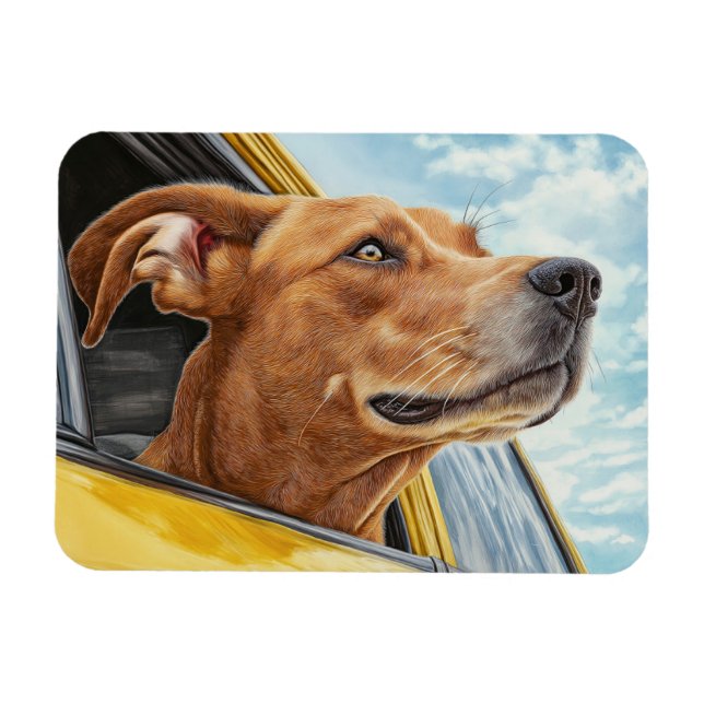 Lycklig Hund i Gult Car Art-utskrift Magnet (Horisontell)