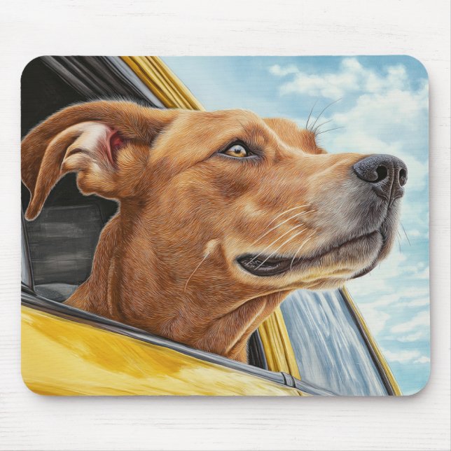 Lycklig Hund i Gult Car Art-utskrift Musmatta (Framsidan)