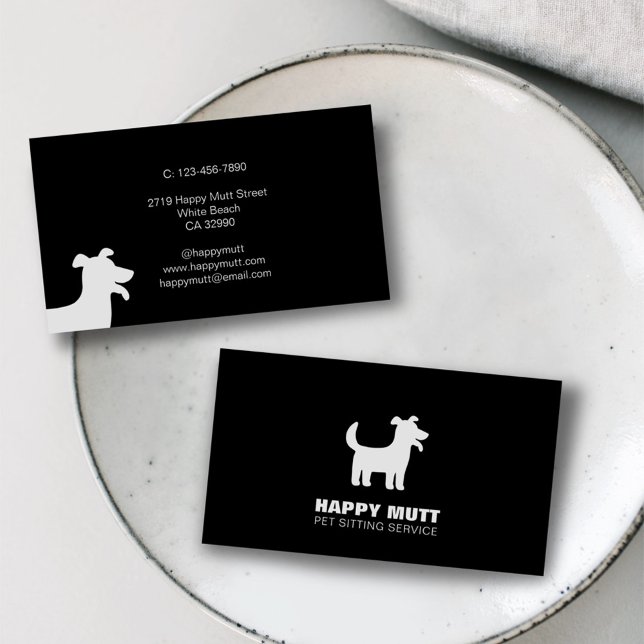 Lycklig Hund Logotyp Pet Sitta Service Black White Visitkort (Skapare uppladdad)