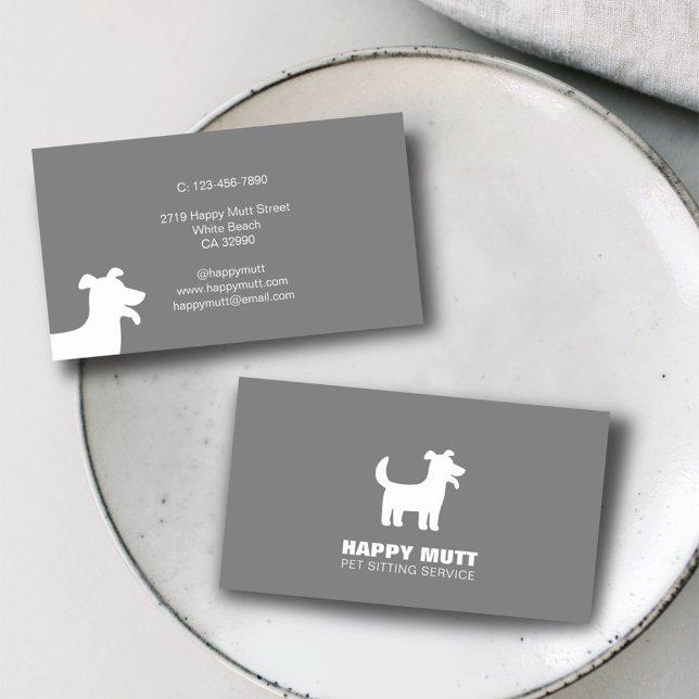 Lycklig Hund Logotyp Pet Sitta Service Care Grått Visitkort (Skapare uppladdad)