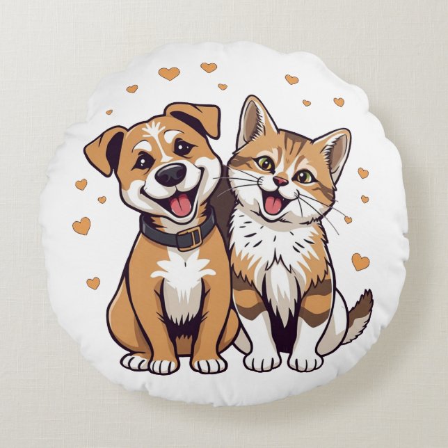 Lycklig Hund och Katt med hjärter Rund Kudde (Framsidan)