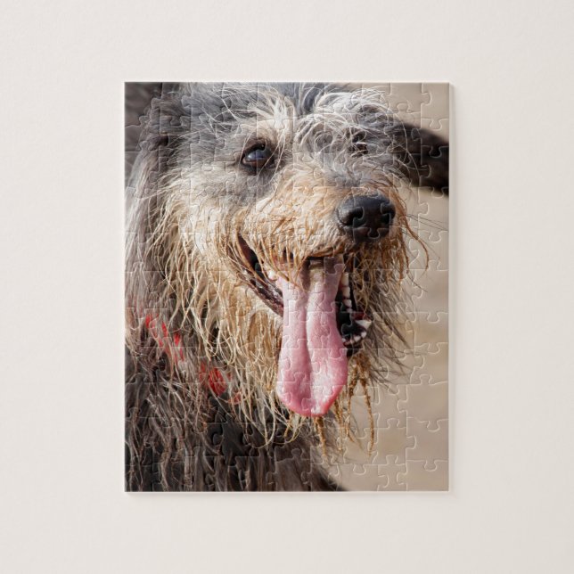 Lycklig hund på stranden pussel (Vertikal)