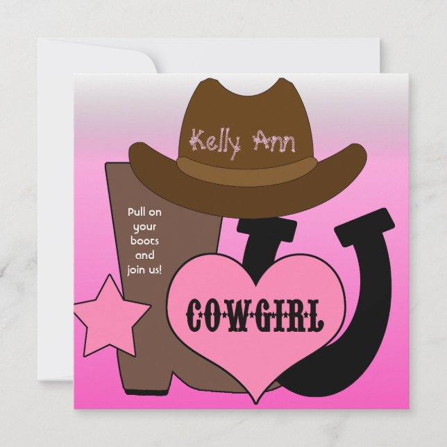 Lycklig inbjudan för hästskoCowgirlfödelsedag (Framsida)