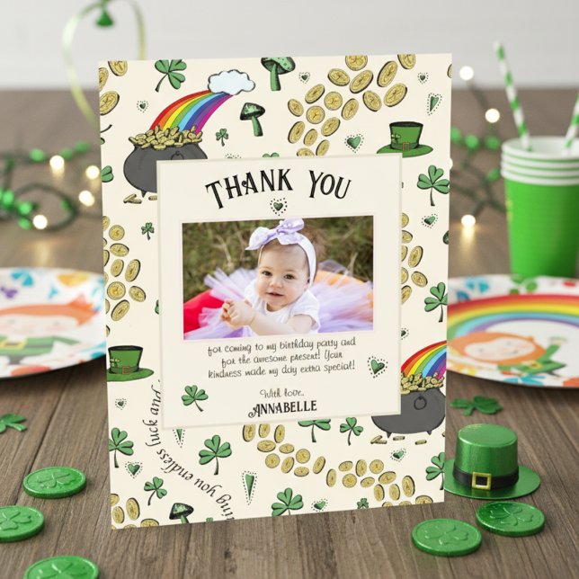 Lycklig irländsk regnbåge Klöver & Hjärtans födels Tack Kort (Fun Irish St Patrick's Day Birthday Thank You Cards. Lucky Gold Shamrock Coins, Rainbow, Green Cover)