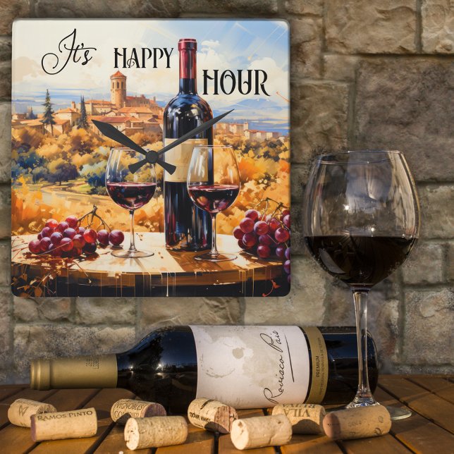 Lycklig - Italiens landskap Vin Art Clock Fyrkantig Klocka (An artistic design wall clock featuring an Italian fantasy landscape painting with red wine)
