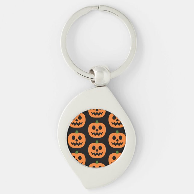 Lycklig Jack-O-Lantern Swirl Silverfärgad Nyckelring (Framsidan)