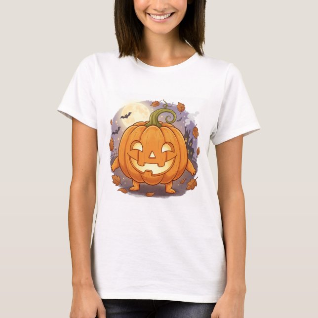 Lycklig Jack-O'-Lantern Tecknad Pumpkin T Shirt (Framsida)