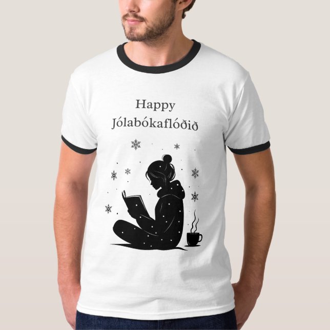 Lycklig Jolabokaflod - isländskt Bok-översvämnings T Shirt (Framsida)