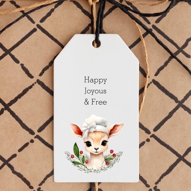 Lycklig Joyous Free, Cute Hjort Sober-julen Presentetikett (sobriety christmas gift tag, sober xmas label with cute deer and "happy joyous free" typewriter font)