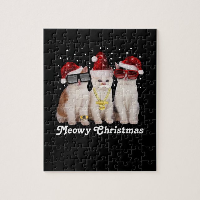 Lycklig jul | Cute Cat med Jultomten Pussel (Vertikal)