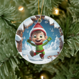Lycklig jul Elf njuter av vintern. Julgransprydnad Keramik