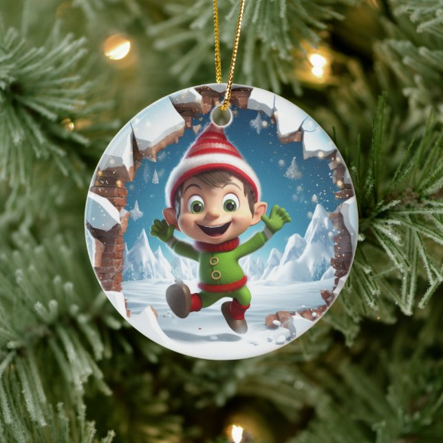 Lycklig jul Elf njuter av vintern. Julgransprydnad Keramik (Träd)