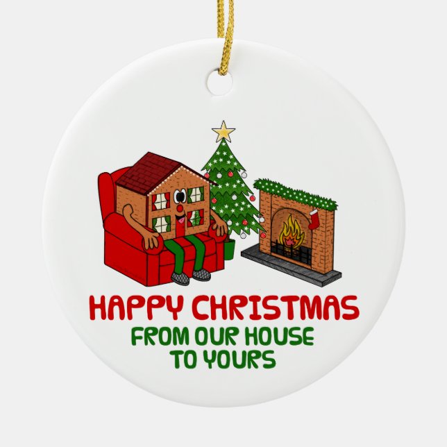 Lycklig jul från vårt hus till er julgransprydnad keramik (Framsidan)