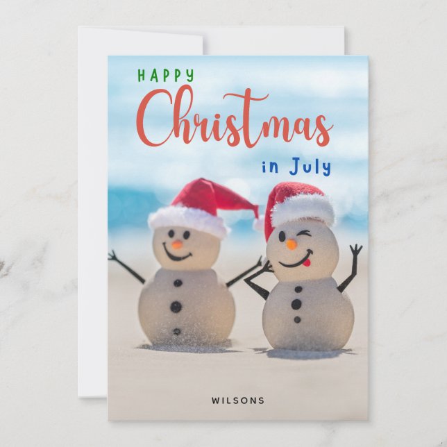 Lycklig jul i juli Beach Snögubbe Julkort (Framsida)