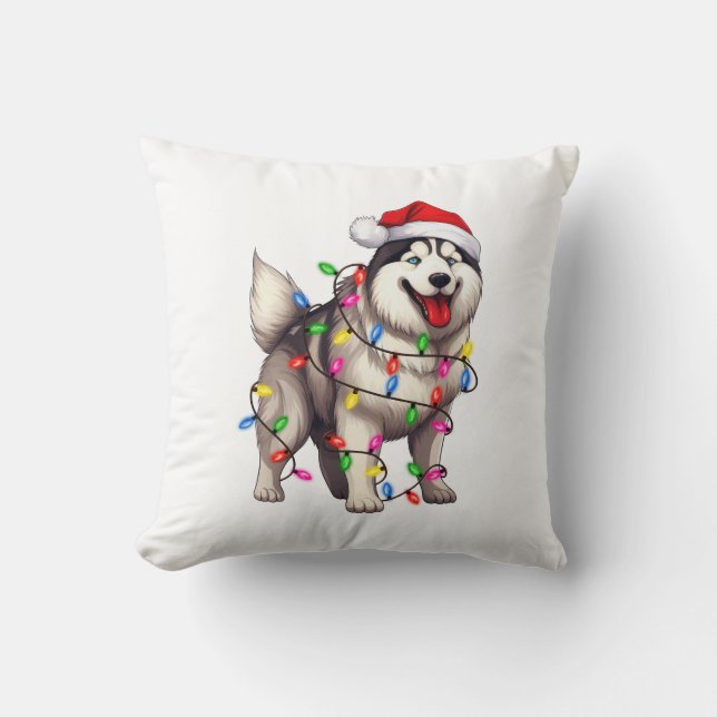 Lycklig jul Siberian husky med Santa Hat Kudde (Framsida)