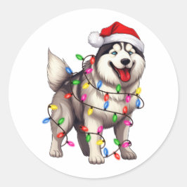 Lycklig jul Siberian husky med Santa Hat Runt Klistermärke