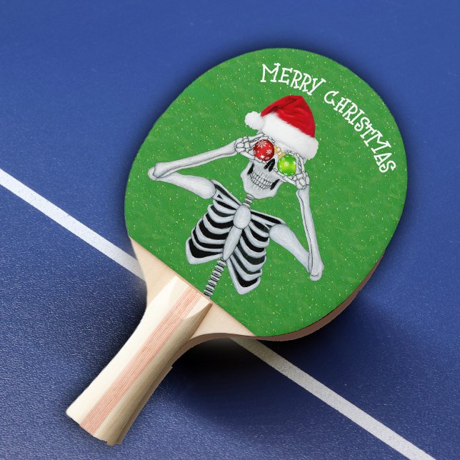 Lycklig jul Skeleton Ornament Ögon Grönt Pingisracket (Merry Christmas skeleton ornament eyes Santa hat on green with gold flecks ping pong paddle.)