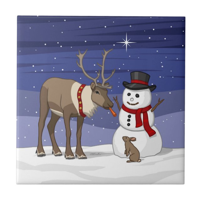 Lycklig jul Snögubbe och Cute Reindeer Kakelplatta (Framsidan)