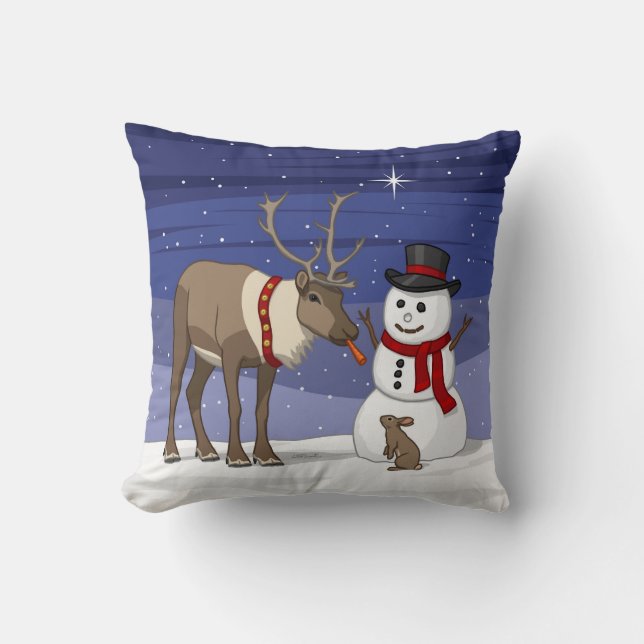 Lycklig jul Snögubbe och Cute Reindeer Kudde (Framsida)