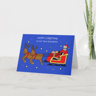 Lycklig jul till Twin Grandsons Santa och Sleigh Kort