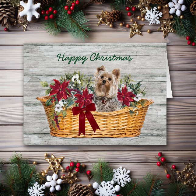 Lycklig jul Yorkshire Terrier Hund i Basket Hälsningskort (Skapare uppladdad)