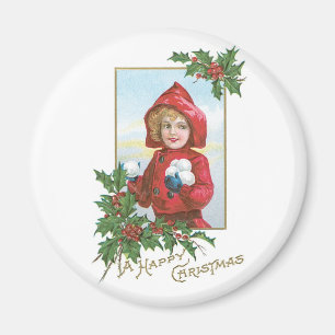 Lycklig-julflicka med snöbollar magnet