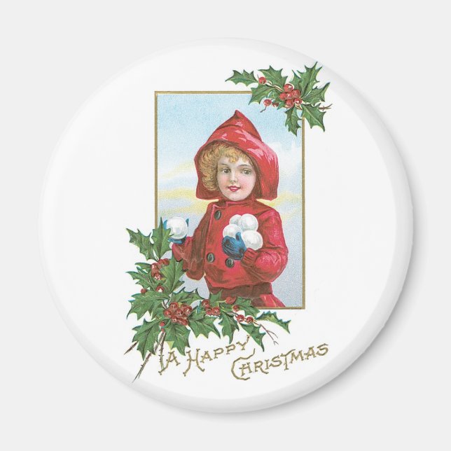 Lycklig-julflicka med snöbollar magnet (Framsidan)