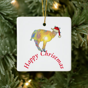 Lycklig julgoat i julhatt julgransprydnad keramik
