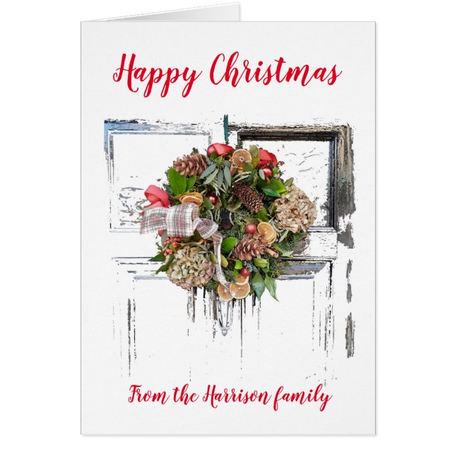 Lycklig-julkrans på dörren, personlig hälsningskort (Framsidan)