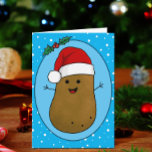 Lycklig julpotatis kort<br><div class="desc">Lustigt söt lycklig brun tecknad-potatis med röd och vit julhatt. Potatisen ligger i en tecknad konst stil och färgad brun, han har hållit arm och finger och ett stort lycklig leende med punkter för ögon. Tomten på huvudet är röd med en vit trim och en vit pompom hängande. Han befinner...</div>