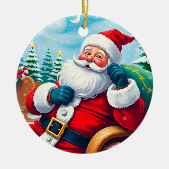 Lycklig Jultomten avslappning i Festive Sleigh Julgransprydnad Keramik (Framsidan)