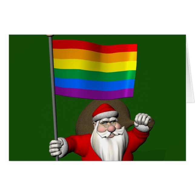 Lycklig Jultomten med regnbåge Flagga Hälsningskort (Framsidan Horizontal)