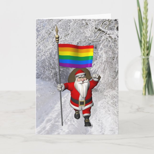 Lycklig Jultomten med regnbåge Flagga Helgkort (Framsida)
